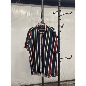 Vintage 90s American Blue Vertical Stripe Shirt - XLT - Multi-Color Short Sleeve